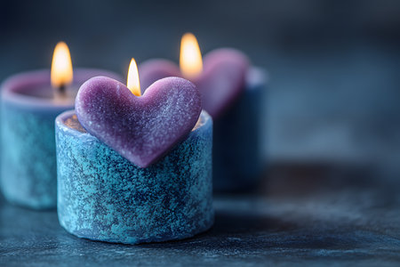 Heart-shaped candles in pastel colors create a romantic and serene atmosphere. ideal for valentine's day celebrations, home decor, or gift ideas. the soft, glowing light enhances warmth and intimacy. Generative AIの素材