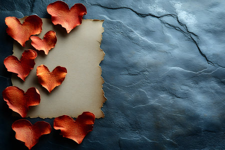 An artistic arrangement of red heart-shaped petals placed on a textured stone surface alongside a blank, rustic paper. ideal for romantic greeting cards, wedding invitations, or autumn-themed designs, love and natural beauty. Generative AIの素材