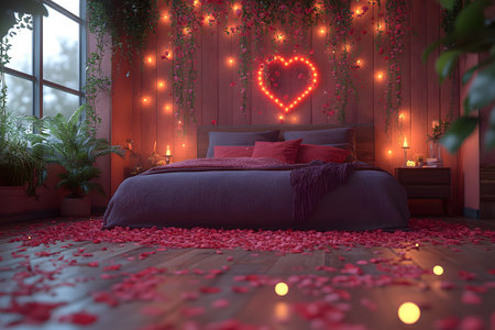 Cozy bedroom adorned with heart-shaped string lights and scattered rose petals, perfect for a romantic valentine's day celebration. warm lighting and lush greenery add to the intimate, serene atmosphere. Generative AIの素材