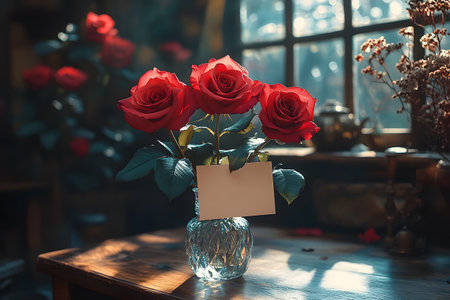 Red roses gracefully arranged in a textured vase, bathed in warm sunlight near a vintage window. ideal for romantic settings, home decor, or event displays, the scene evokes feelings of elegance and beauty. Generative AIの素材