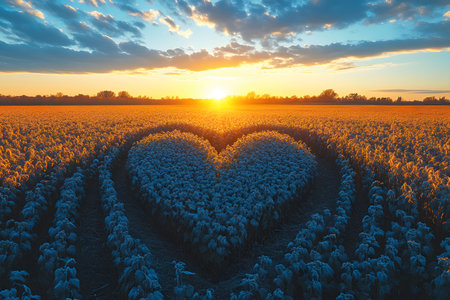Golden sunset over a vast wheat field with a heart-shaped pattern etched into the crops, symbolizing love and tranquility. the natural autumn colors and serene rural landscape provide a romantic and picturesque backdrop. Generative AIの素材