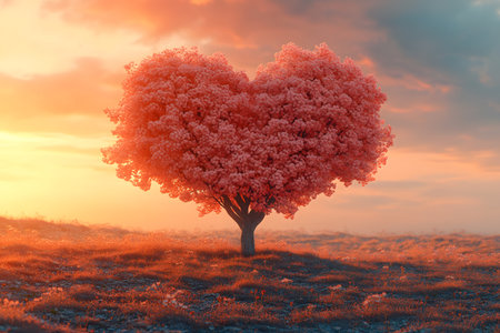 Heart-shaped tree in an open field during sunset, symbolizing love and tranquility. the soft pastel colors of the sky and the warm glow create a romantic and serene atmosphere, perfect for nature and romance themes. Generative AIの素材
