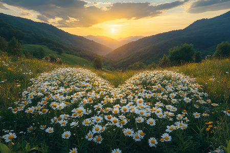 A breathtaking view of a sunset illuminating a serene mountain valley, where a field of daisies forms a heart shape. the scene harmony of nature, with vibrant colors and gentle rolling hills adding to the romantic ambiance. Generative AIの素材