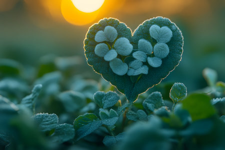 A heart-shaped leaf with frosty details glows against a vibrant golden sunrise. this serene natural scene evokes themes of love, tranquility, and the onset of a crisp winter morning. Generative AIの素材
