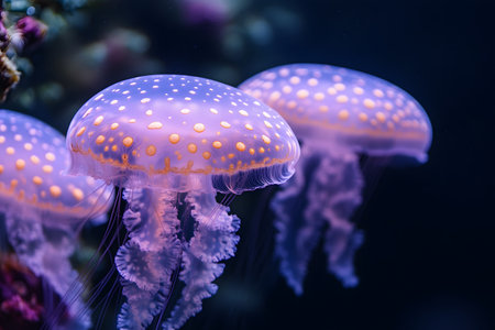 Three bioluminescent jellyfish glide gracefully through deep ocean waters. their translucent bodies, dotted with glowing spots, create an ethereal scene in the dimly lit marine environment, embodying the mystery of underwater life. Generative AIの素材
