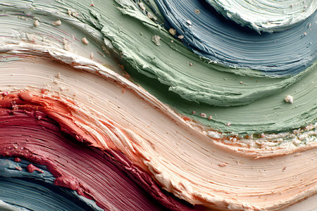 Colorful oil paint strokes create an abstract pattern with dynamic textures. swirls of green, blue, red, and peach bring a vivid, tactile quality to the image, ideal for artistic backgrounds or design elements. Generative AIの素材