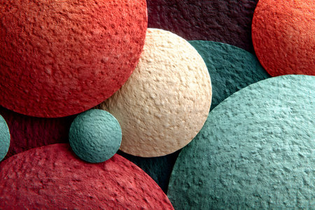 Textured spheres in earthy tones overlap, creating a striking abstract composition. this geometric art piece showcases a blend of red, beige, and green textures, ideal for modern design projects or creative backgrounds. Generative AIの素材