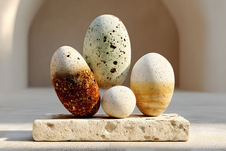 Textured stone eggs in various sizes are artfully arranged on a rectangular stone stand against a neutral backdrop. the earthy tones and natural patterns create a minimalist and sophisticated aesthetic suitable for contemporary interior design. Generative AIの素材