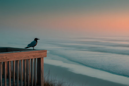 A lone seagull perches on a wooden boardwalk as the sun rises, casting a soft glow over the tranquil beach and calm ocean waves. the horizon blurs in the mist, creating a peaceful, serene atmosphere. Generative AIの素材