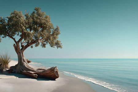 A peaceful coastal scene featuring a lone, twisted driftwood tree on a sandy beach with gentle waves lapping at the shore. the calm ocean and clear blue sky create a tranquil and relaxing atmosphere, perfect for serene landscape themes. Generative AIの素材