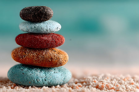 Vibrant, multicolored stones are intricately stacked on a sandy beach, creating a serene and balanced composition. the blurred turquoise backdrop enhances the calming, meditative feel, ideal for relaxation and zen themes. Generative AIの素材
