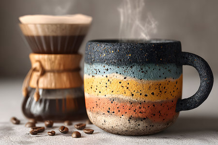 A rustic ceramic mug with a colorful, textured design holds steaming coffee beside a pour-over coffee maker. scattered coffee beans add to the cozy morning ambiance, ideal for promoting warm, inviting home settings. Generative AIの素材