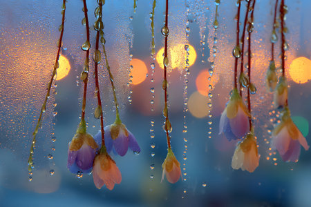 Dew-covered flowers hang gracefully against a misty window, with soft bokeh lights illuminating the twilight atmosphere. the serene, dreamy scene evokes calm and introspection, blending natural beauty with urban ambiance. Generative AIの素材
