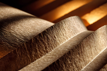 Close-up of wooden surfaces showcasing intricate textures and patterns, enhanced by warm lighting and shadows. ideal for design, texture references, and artistic inspiration in natural materials. Generative AIの素材