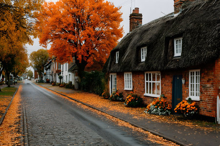 Picturesque village street lined with traditional thatched cottages, adorned by vivid autumn foliage. orange leaves carpet the cobblestone path, creating a warm, serene atmosphere in a quintessential rural setting. Generative AIの素材