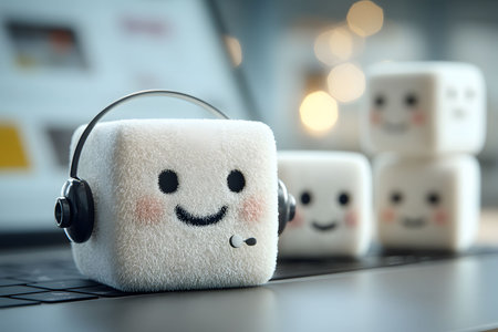 Adorable marshmallow characters with smiling faces and headsets sit on a laptop keyboard, illustrating a playful take on communication and customer support. this whimsical scene combines fun, technology, and office culture. Generative AIの素材