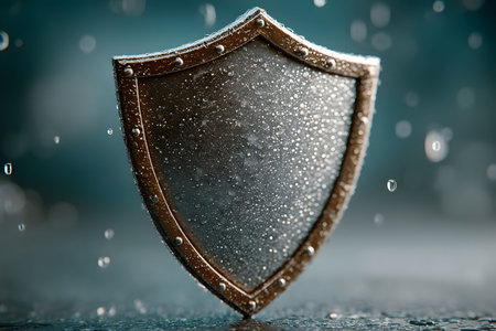 A metallic shield covered in raindrops stands prominently against a blurred background, epitomizing themes of defense, strength, and security. the wet surface enhances the sense of resilience and steadfast protection. Generative AIの素材