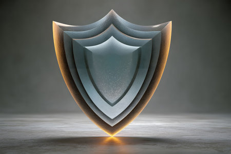A striking image featuring a metallic shield emblem, symbolizing strength, security, and protection. the shield is rendered with a glossy finish, creating a modern and futuristic aesthetic, ideal for technology and security-related design applications. Generative AIの素材