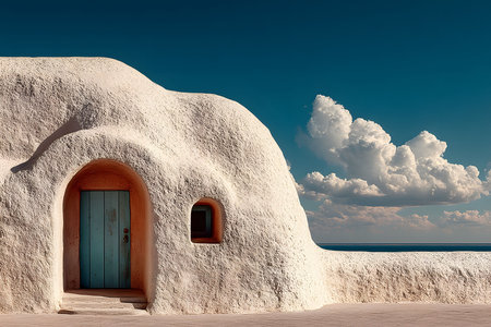 A minimalist mediterranean-style building with smooth, rounded edges stands by the serene blue sea. featuring a distinctive turquoise door, it's set against a backdrop of a clear sky adorned with fluffy clouds. Generative AIの素材