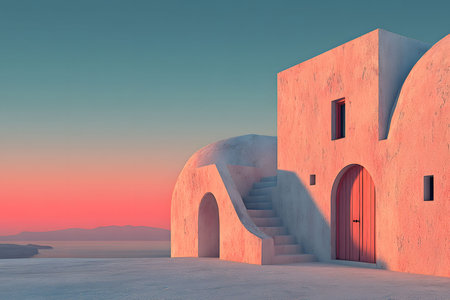 Whitewashed buildings with traditional arches and stairs under a vivid, colorful sky at sunset, overlooking a serene seascape. the pastel hues and minimalist design evoke greek island charm and tranquility. Generative AIの素材