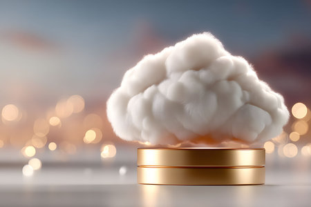 Fluffy white cloud sitting atop a sleek, gold platform against a blurred bokeh background. the juxtaposition of natural softness with modern metallic elements evokes innovation, ideal for abstract design projects. Generative AIの素材
