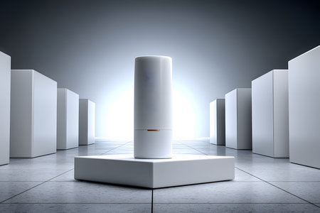 A sleek white cylindrical object stands prominently on a pedestal, surrounded by symmetrical cubic forms in a modern, minimalist setting. the design emphasizes sophistication and futuristic elegance against a bright, glowing backdrop. Generative AIの素材