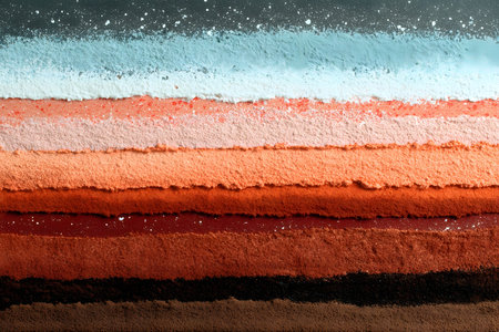 Vibrant horizontal layers of various powders create a colorful abstract texture. the gradients range from cool blues to warm oranges and deep browns, ideal for artistic designs and creative backgrounds. Generative AIの素材