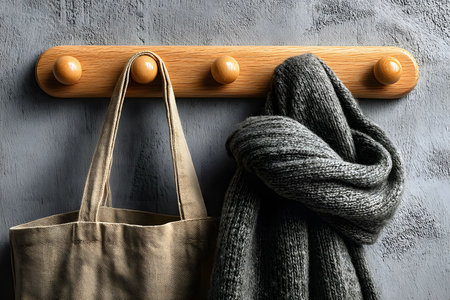 Tan tote bag and a gray knitted scarf hang neatly on a minimalist wooden coat rack affixed to a textured gray wall. the scene depicts home organization and cozy winter style, blending practicality with warm, inviting decor. Generative AIの素材