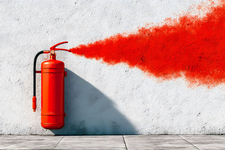 Vibrant image showcasing a red fire extinguisher mounted on a white textured wall, releasing a burst of red spray. the striking contrast emphasizes safety, emergency preparedness, and public awareness in an eye-catching manner. Generative AIの素材