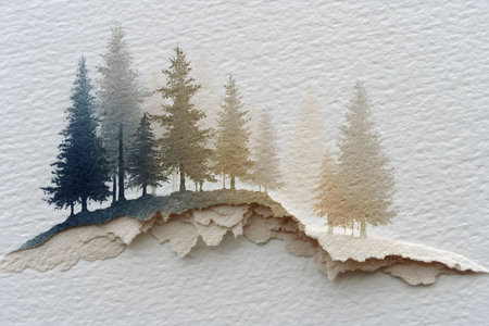 Watercolor trees in varying shades create a serene forest scene on textured paper, blending subtle hues of blue, green, and brown. the torn effect adds depth and intrigue, ideal for nature-themed decor, art projects, or design inspiration. Generative AIの素材