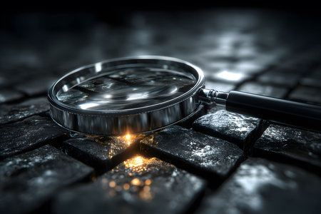 A magnifying glass rests on dimly lit cobblestones, investigative and mystery themes. the dark, moody setting emphasizes exploration and the search for hidden details, making it ideal for detective or mystery-related projects. Generative AIの素材