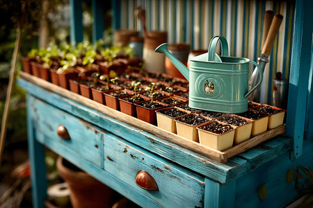 A rustic garden workbench showcases a teal watering can amidst rows of seedlings in pots. the scene is set against a backdrop of gardening tools, creating a nostalgic atmosphere ideal for spring gardening themes. Generative AIの素材