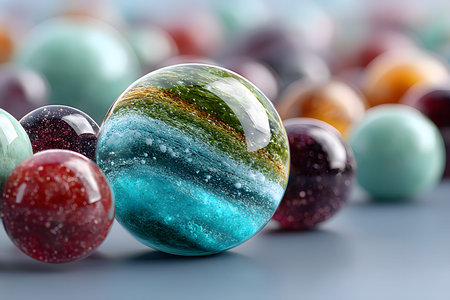 A close-up of colorful glass marbles, showcasing a vibrant array of swirling patterns and reflections. the image highlights the intricate details and textures, ideal for creative design and inspiration. Generative AIの素材