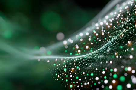 A dynamic abstract composition featuring a green wave-like structure adorned with shimmering particles. the flowing pattern and vibrant colors create a futuristic and modern aesthetic, ideal for design projects or digital art. Generative AIの素材