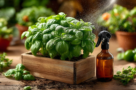 Vibrant basil plants are thriving in a rustic wooden planter, receiving a gentle mist from a spray bottle. the greenery contrasts beautifully with the natural wood, emphasizing healthy growth and freshness, ideal for home gardening enthusiasts. Generative AIの素材