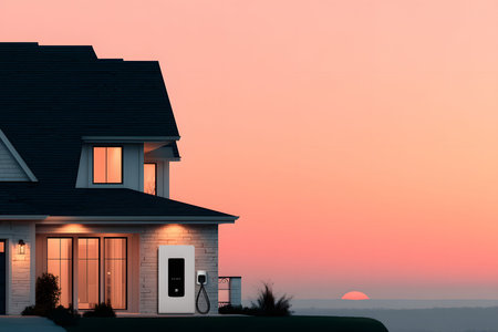 A modern home with an electric vehicle charger is showcased against a beautiful sunset backdrop. the warm glow of the setting sun highlights the sustainable lifestyle and renewable energy solutions. Generative AIの素材