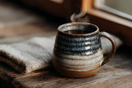 A steaming ceramic mug with a rustic glaze sits on a wooden table next to a soft cloth, placed by a window. the setting exudes warmth and relaxation, perfect for cozy moments on chilly days, evoking comfort and tranquility. Generative AIの素材