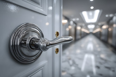 Stylish hotel hallway featuring a gleaming metal door handle in the foreground. the scene showcases glossy marble floors, ambient lighting, and a contemporary interior design, offering a sense of elegance and exclusivity. Generative AIの素材