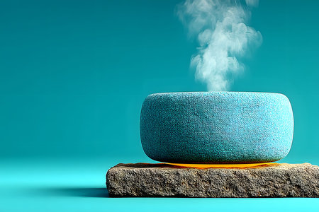 A serene zen setting featuring a textured stone bowl emitting gentle steam, resting on a natural rock slab. the tranquil blue background enhances the calming atmosphere, ideal for meditation, relaxation, or spa-themed projects. Generative AIの素材