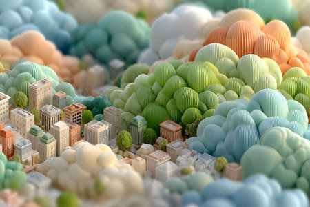 A whimsical cityscape blends colorful, soft, cloud-like structures with realistic architecture. the surreal landscape features organic forms interspersed with buildings, creating a fantastical and imaginative scene perfect for creative art or design use. Generative AIの素材