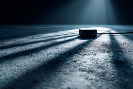 A sleek smart speaker sits on a textured concrete surface, illuminated by dramatic lighting that casts long shadows. the minimalist setup highlights the modern and innovative design, suitable for technology-focused themes. Generative AIの素材