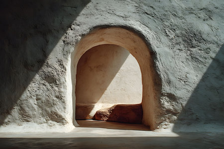 Sunlight streams across an ancient stone archway, casting shadows and the rustic textures of the interior. the scene exudes warmth and timelessness, perfect for architectural and design inspiration. Generative AIの素材