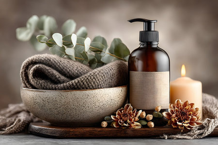 Tranquil spa setting featuring a brown glass pump bottle, textured towel, and eucalyptus in a ceramic bowl. accented with a lit candle and autumn flowers, perfect for wellness themes or seasonal promotions. Generative AIの素材