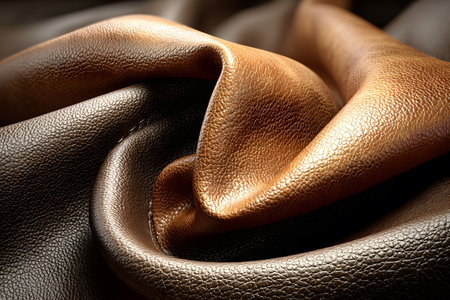 Richly detailed close-up of brown leather fabric showcasing its fine texture and luxurious appearance. ideal for design projects in fashion, interior decor, and material studies, emphasizing sophistication and elegance. Generative AIの素材