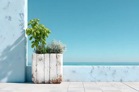 Sunlit minimalist patio by the ocean featuring a rustic potted plant. crisp blue sky and sea harmonize with light-colored walls and flooring, reflecting a serene coastal ambiance. ideal for relaxation and design inspiration. Generative AIの素材