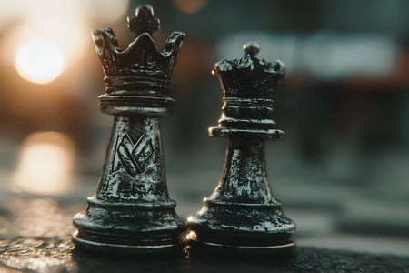 King and queen chess pieces stand prominently on an outdoor chessboard during sunset. the warm glow creates a dramatic and thoughtful atmosphere, themes of strategy, power, and competition. Generative AIの素材