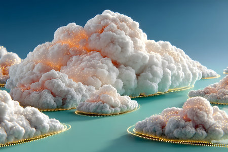 Surreal scene featuring fluffy, illuminated clouds floating over calm turquoise waters. each cloud is adorned with twinkling lights, creating a mystical, dreamlike atmosphere. suitable for digital art, fantasy themes, and creative designs. Generative AIの素材