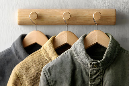 A minimalist coat rack featuring three stylish jackets on wooden hangers. the jackets, in varying textures and neutral tones, provide a sense of organized elegance in a modern, functional space. Generative AIの素材