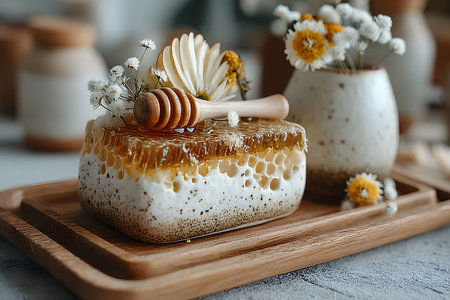 A natural honeycomb with a wooden honey dipper sits on a rustic wooden tray, accompanied by decorative wildflowers in a vase. the setup conveys a rustic, organic theme suitable for culinary or home decor photography. Generative AIの素材