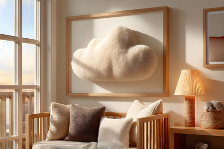 A serene living room features a plush cloud-shaped wall art, casting soft shadows. natural sunlight streams through large windows, illuminating a wooden chair adorned with neutral pillows and a warm-toned lamp. Generative AIの素材